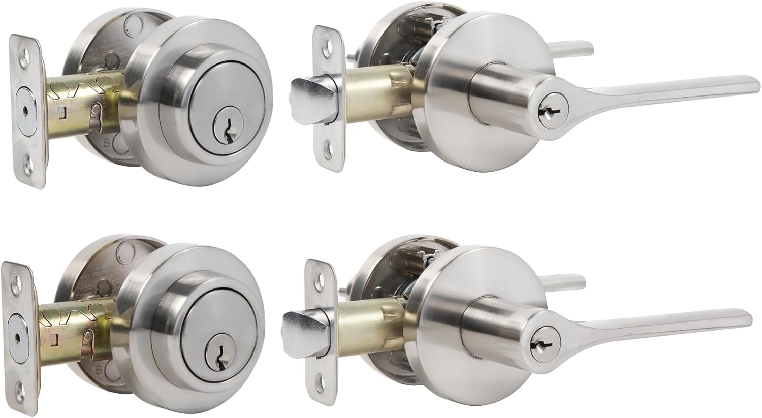 Keyed Alike Front Door Handle and Deadbolt Set,Roundness Heavy Duty Door Handle with Deadbolt Locks,Deadbolt Lock and Door Knob Set for Exterior Doors (Satin Nickel,2pack)