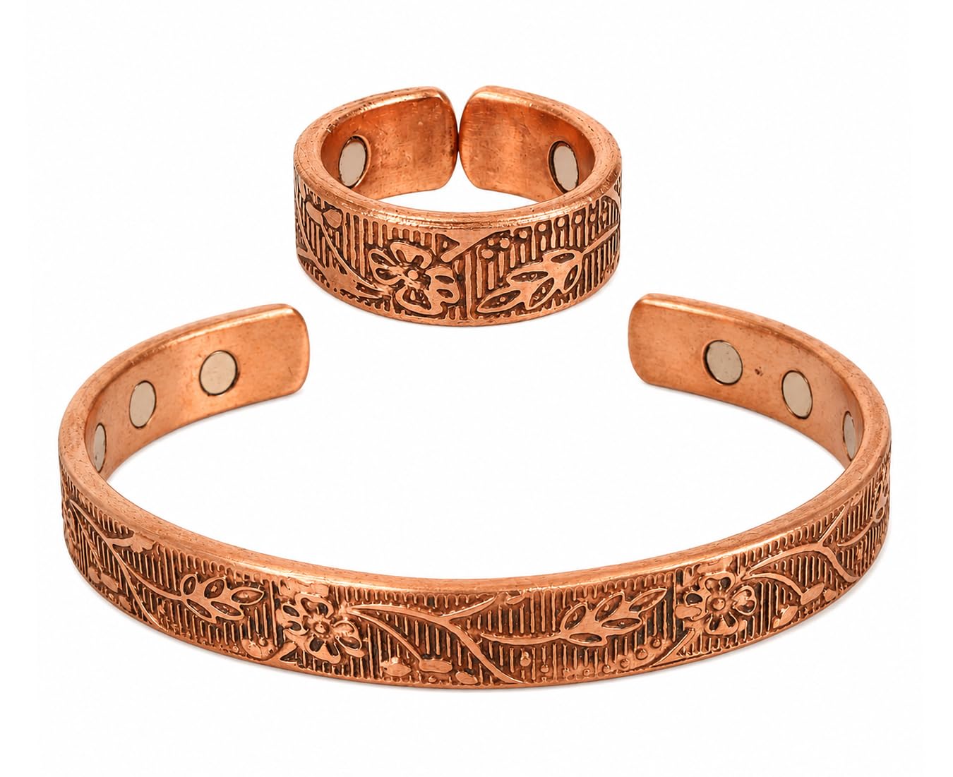 Touchstone Pulsera magnética de cobre hecha a mano forjada a mano con estilo tibetano sólido y de alto calibre, pulsera de cobre minimalista y anillo a juego.