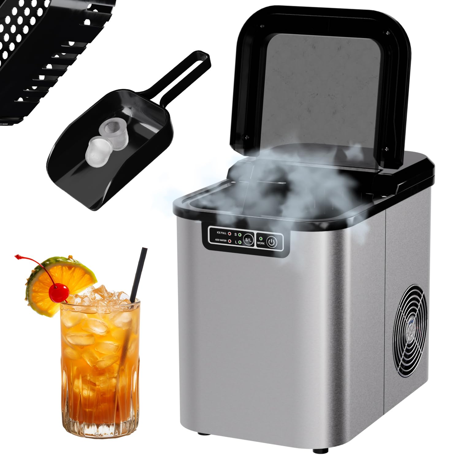 Tronitechnik® Eiswürfelmaschine Eiswürfelbereiter aus Edelstahl, Ice Maker, 12kg/24h, 2,2 Liter Wassertank, 2 Größen, Selbstreinigung, silberfarben, einfache Bedienung Edelstahl (Silber)