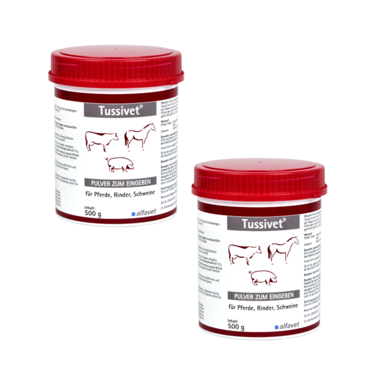 Alfavet Tussivet | Doppelpack | 2 x 500 g | Freiverkäufliches Arzneimittel für Pferde, Rinder und Schweine | Zur Unterstützung bei Husten und beim Abhusten festsitzenden Schleims | In Pulverform