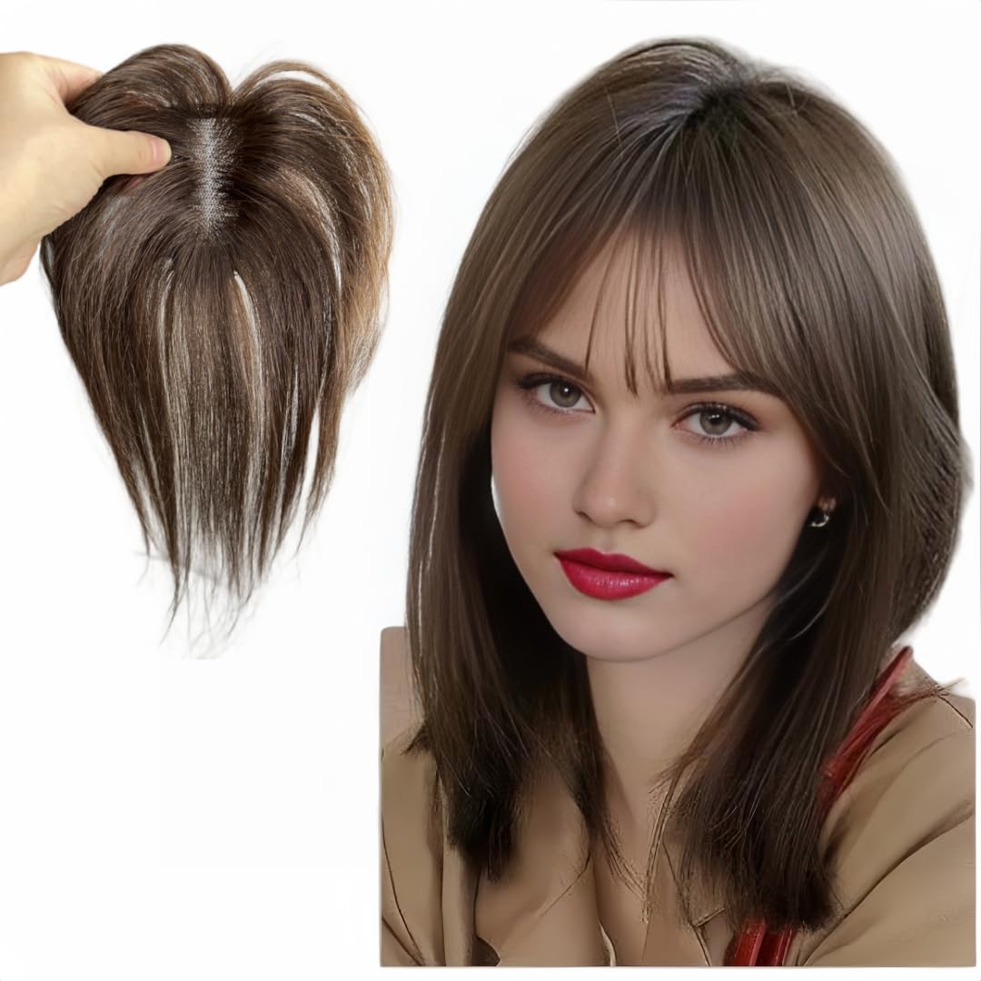 Anemone Fringe Human Hair Toppers Clip In Lace Base Hairpieces For Women Mid Part Straight 3D Hair Bangs Cover Grey Hair Loss (Brown) Anemone Fringe Human Hair Toppers Clip In Lace Base Hairpieces For Women Mid Part Straight 3D Hair Bangs Cover Grey Hair Loss (Brown)