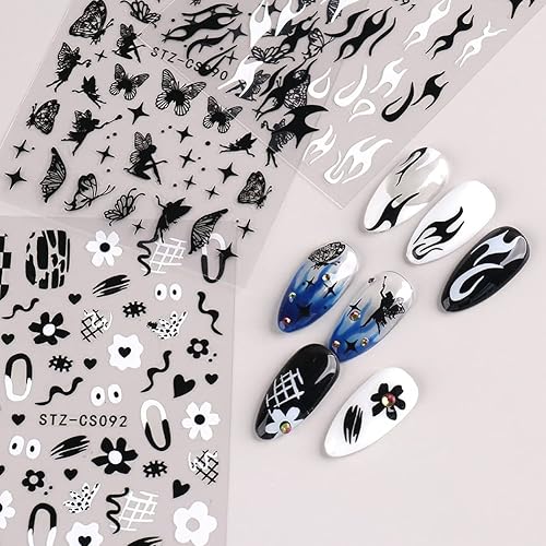 Miniatura 6 de 8 hojas de calcomanías divertidas de grafiti, suministros de uñas, calcomanías de uñas autoadhesivas 3D, estrellas, luna, mariposa, rejilla, llama,