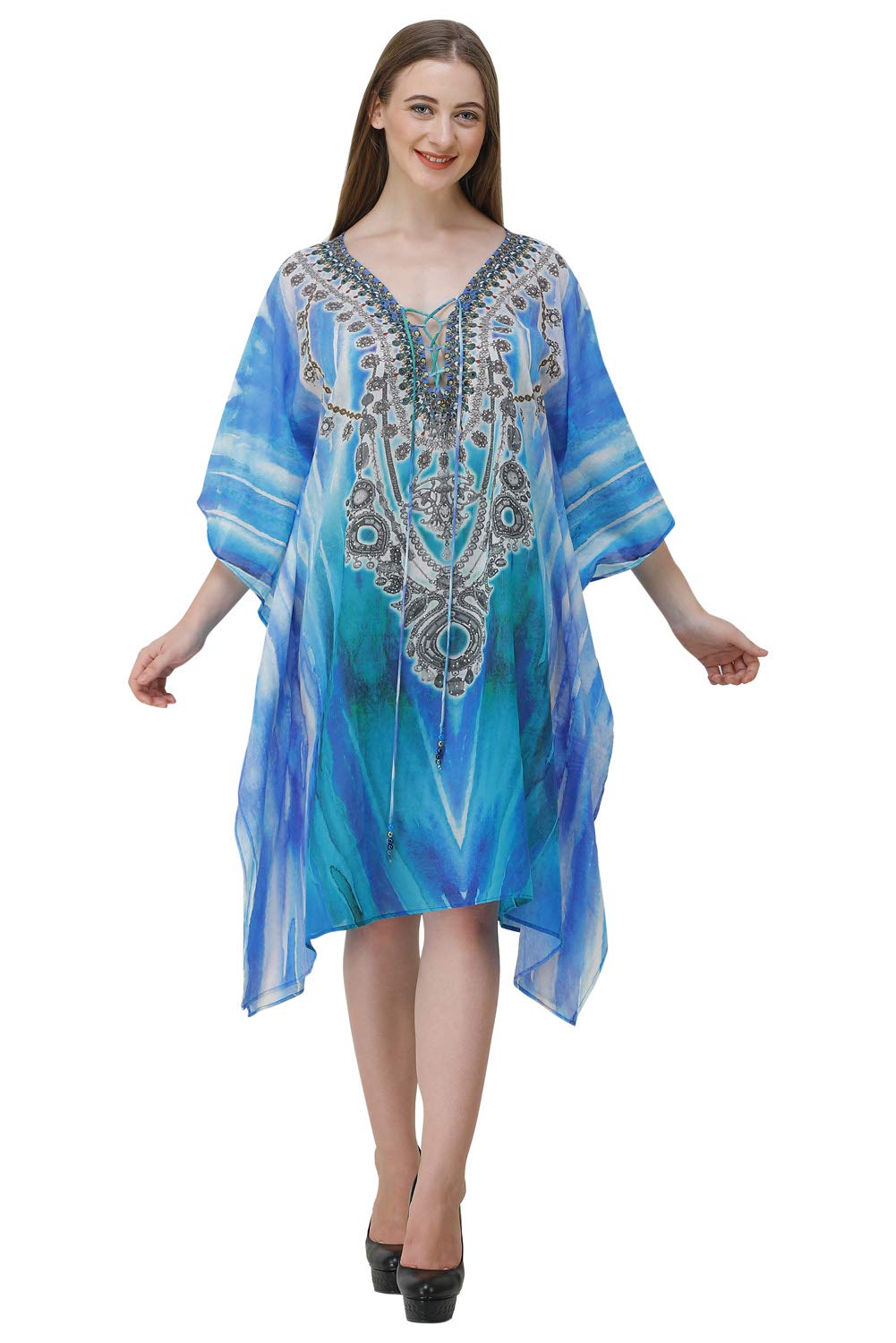 Short Blue Digital Printed | Georgette Kaftan | Vacation Wear | Beach Wear | Coverups | Kaftan Dress | For Women | Free Size [M-3XL]-image-4