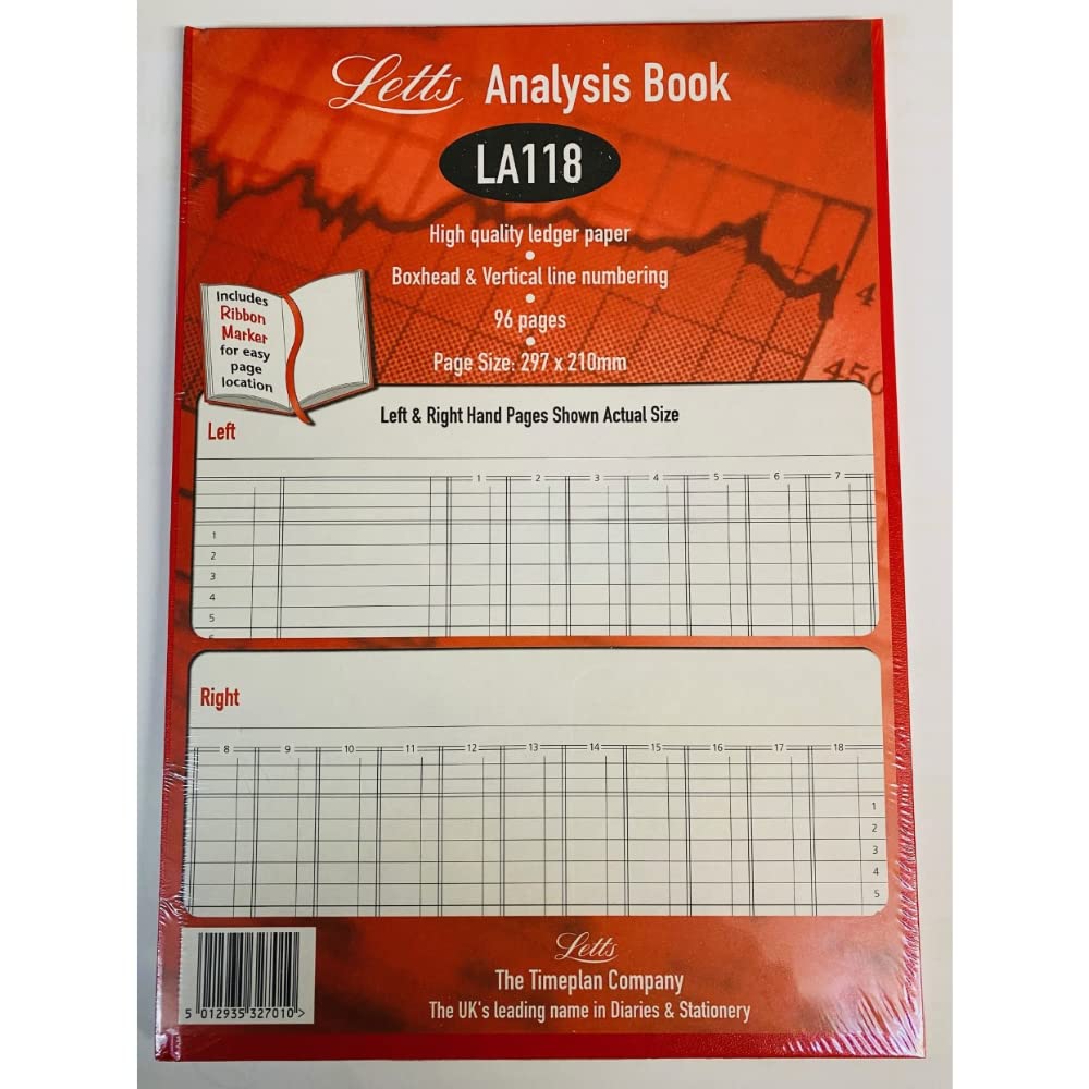 Letts A4 Analysis Book with Hard Cover Ribbon Marker 18 Cash Column 96 Pages LA118 Red (297mmX210mm)