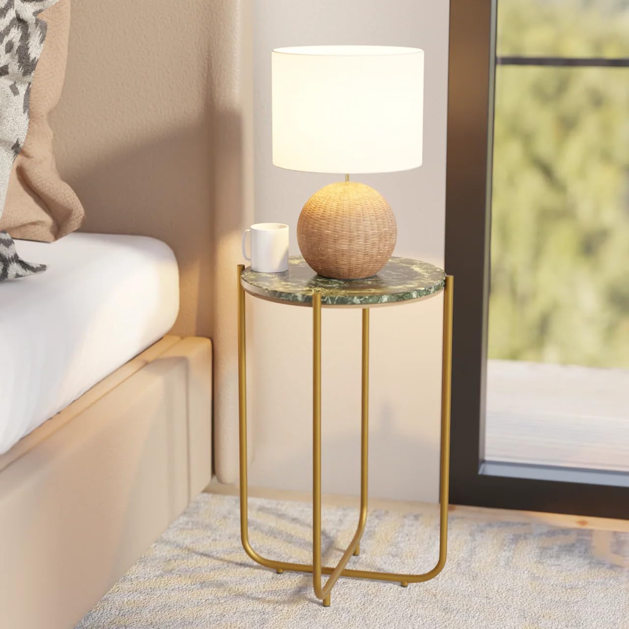 Relso Urdhva End Table – 24" Tall Round Side Table with Real Green Marble Top & Gold Metal Frame | Luxury Accent Table or Plant Stand for Living Rooms