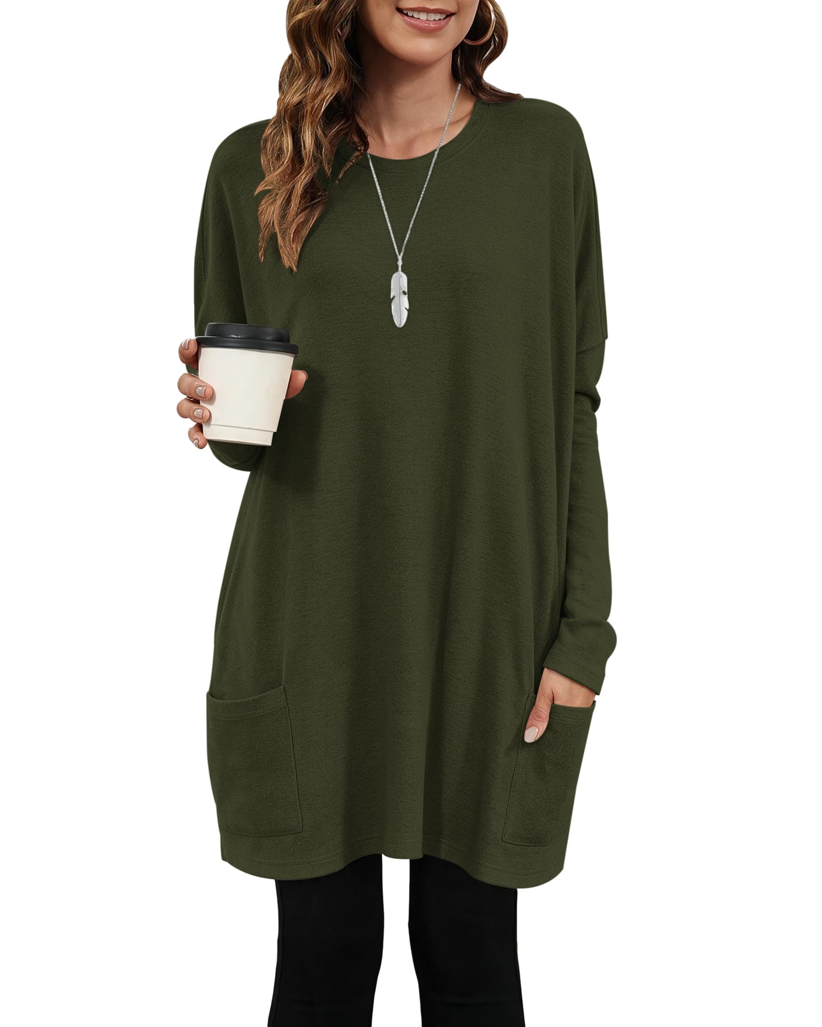 AUSELILY Longpullover für Damen Langarmshirt Lang Oversized Rundhalsausschnitt T-Shirts Sweashirt Tunika Damen Pulli Long-Shirt Kleid mit Taschen