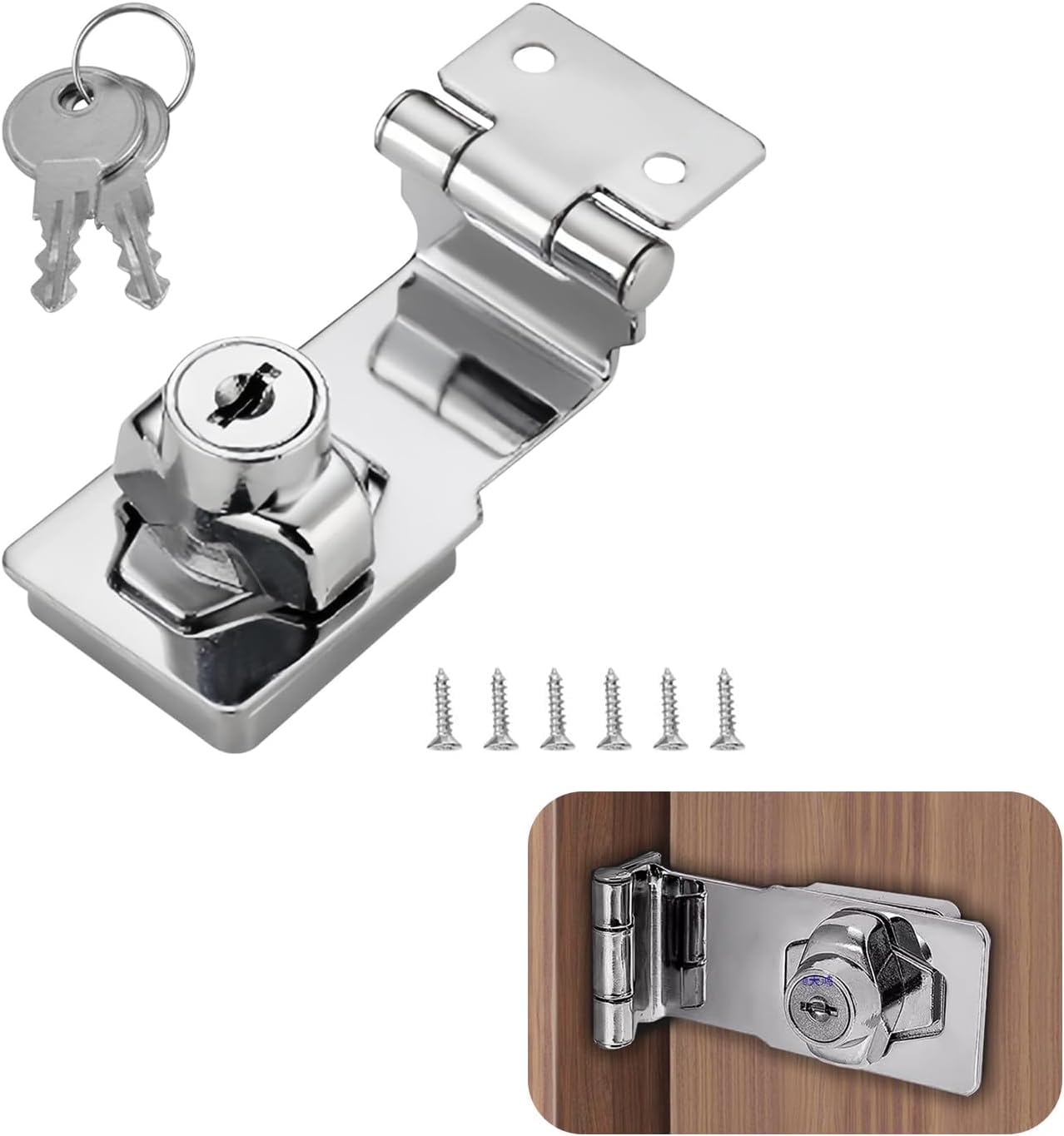 COAFTUG Keyed Hasp Lock Right Angle 90 Degrees 4 inch Hasp and Staple with Padlock Silver Door Latch Hasp Twist Knob Shed Door Locks Zinc Alloy Keyed Locking Hasp with Key for Bedroom Cupboard Gate