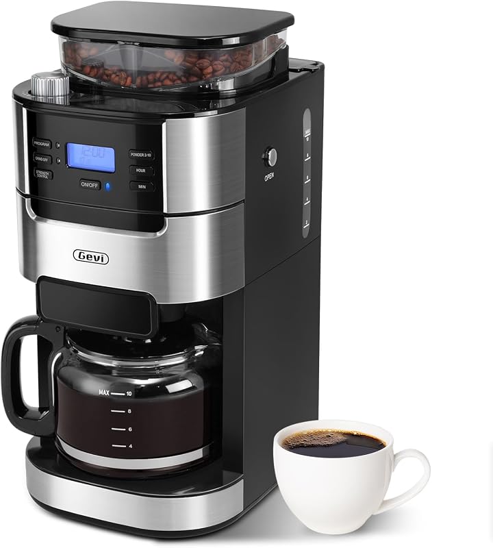 Gevi 10-Cup Grind-And-Brew Drip Coffee Maker with Built-In Burr Grinder | Programmable Timer, 1.5L Water Tank, 2-Hour Auto Keep-Warm, Durable Reusable Permanent Filter for Daily Coffee Brewing