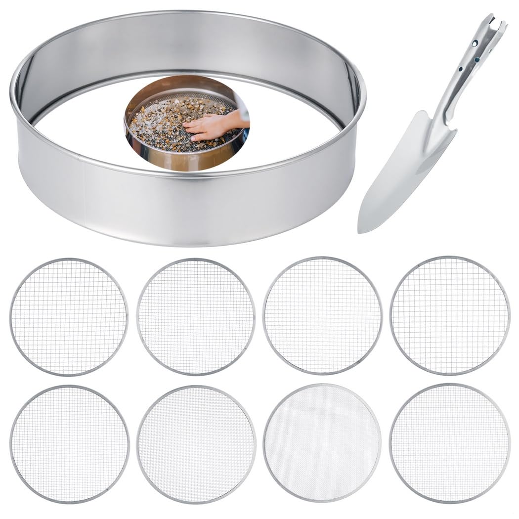 10-teiliges Erdsieb-Set, Gartensieb, 12 Edelstahl-Rätselsieb, feinmaschiges Bodensieb, Bodenschaufel und 8 austauschbare Filtermaschen 2, 3, 5, 6, 7, 9, 10, 12 mm