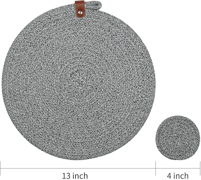 Image of Cotton Rope Placemat Set with Coasters and Holder 6 Pieces Round Woven Table | Mats Natural Beige Heat Resistant | Dining Table Decor | Durable Washable Kitchen Accessories (Gry Mix White)