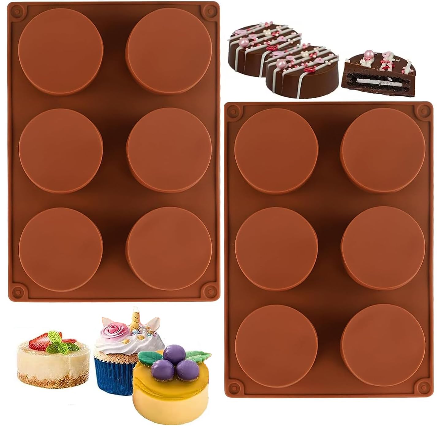 Silicone Round Cake Mold 2 Pack 6-Cavity Cylinder Mould for Covered Cookies, Pie, Cupcakes, Brownies, Bread & Handmade Soap - Non-Stick Reusable Baking Molds (Food-Grade)