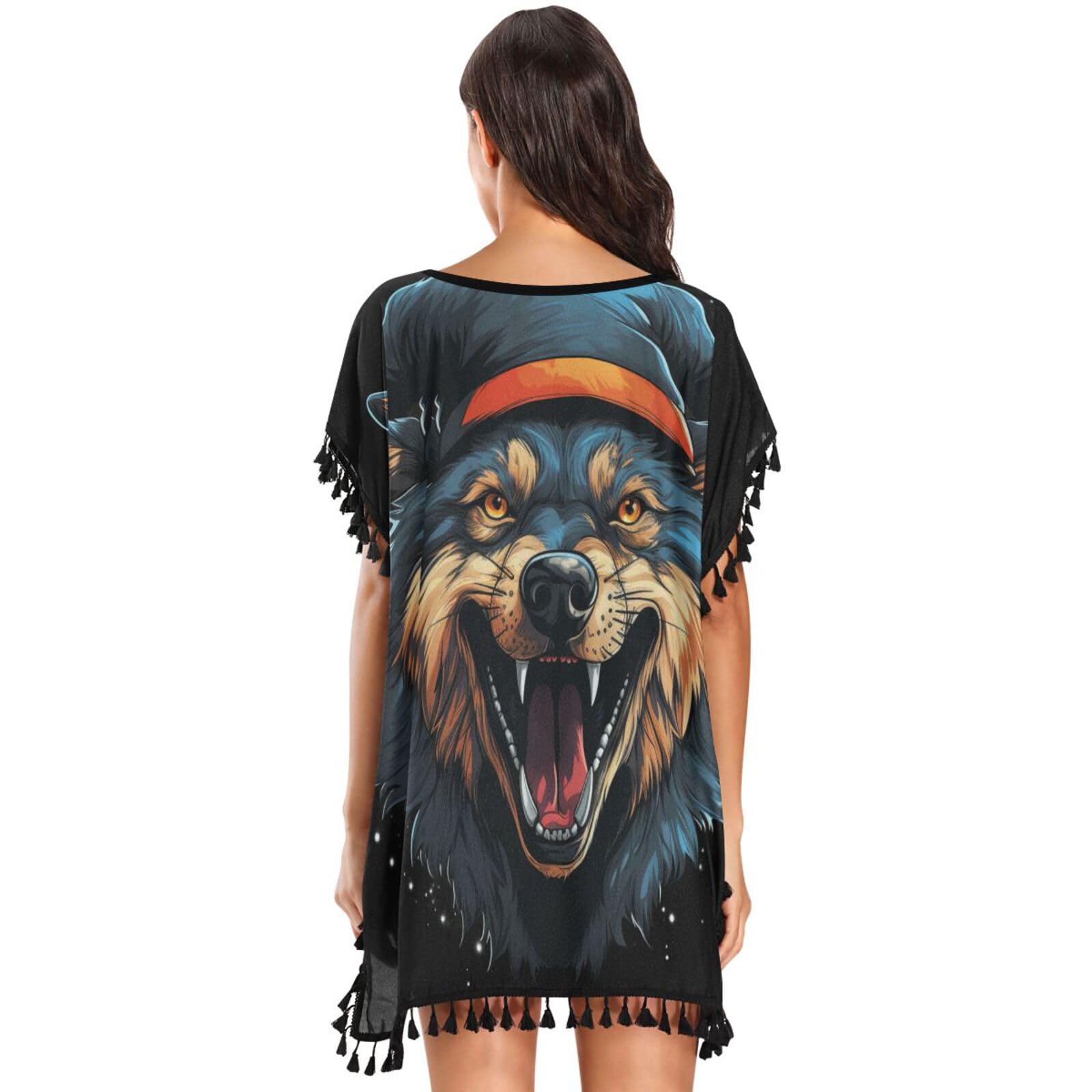 Christmas Style Cool Wolf Women's Beach Cover Up Chiffon Tassel Swimwear Swimsuit Coverups for Girl