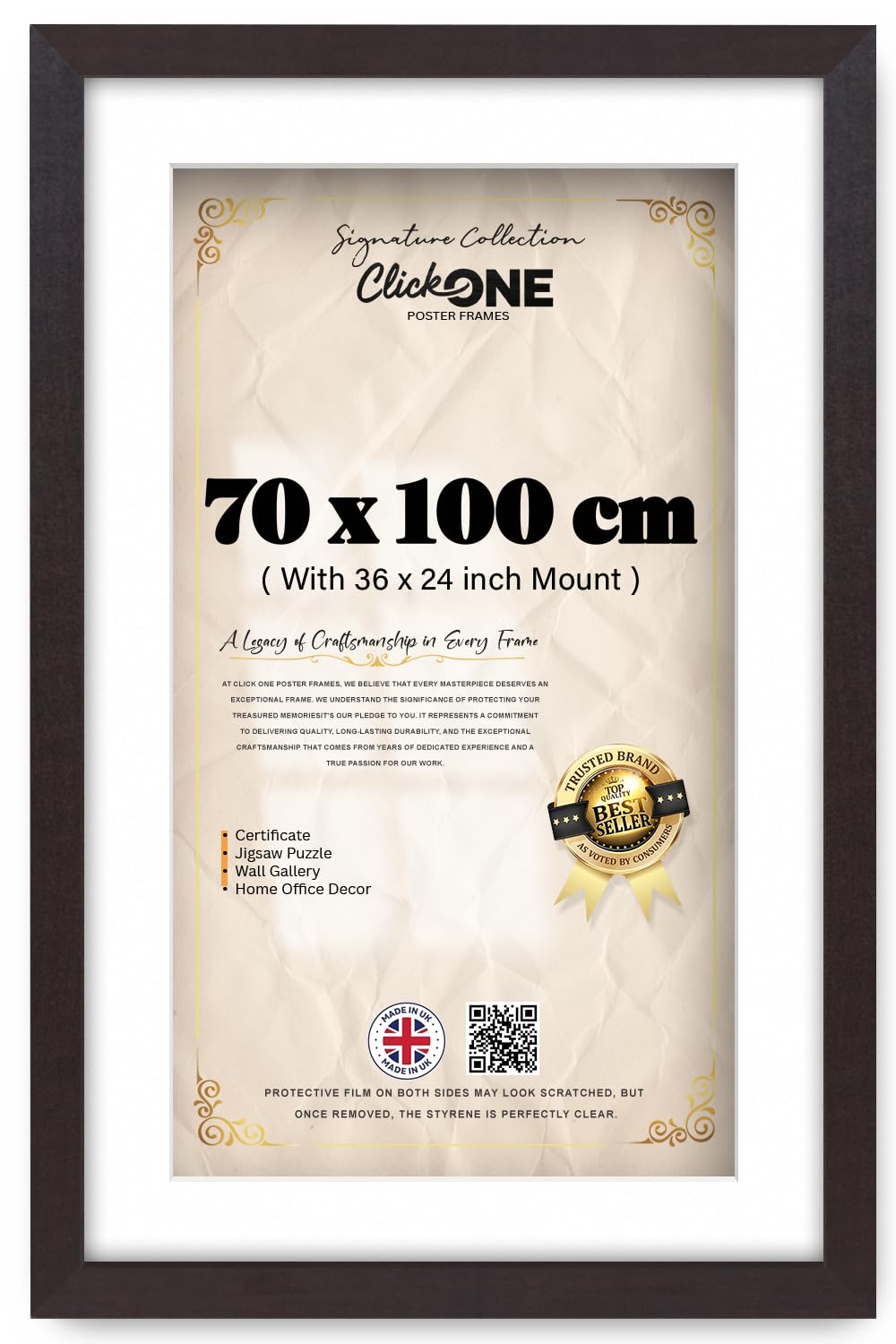 Click One Mahogany Elegant 40 X 28 Inch Poster Frame With 91.44 X 60.96 Cm White Mount For Displaying Paintings And Photos In Vertical Or Horizontal Orientation Suitable For Living Rooms Finish