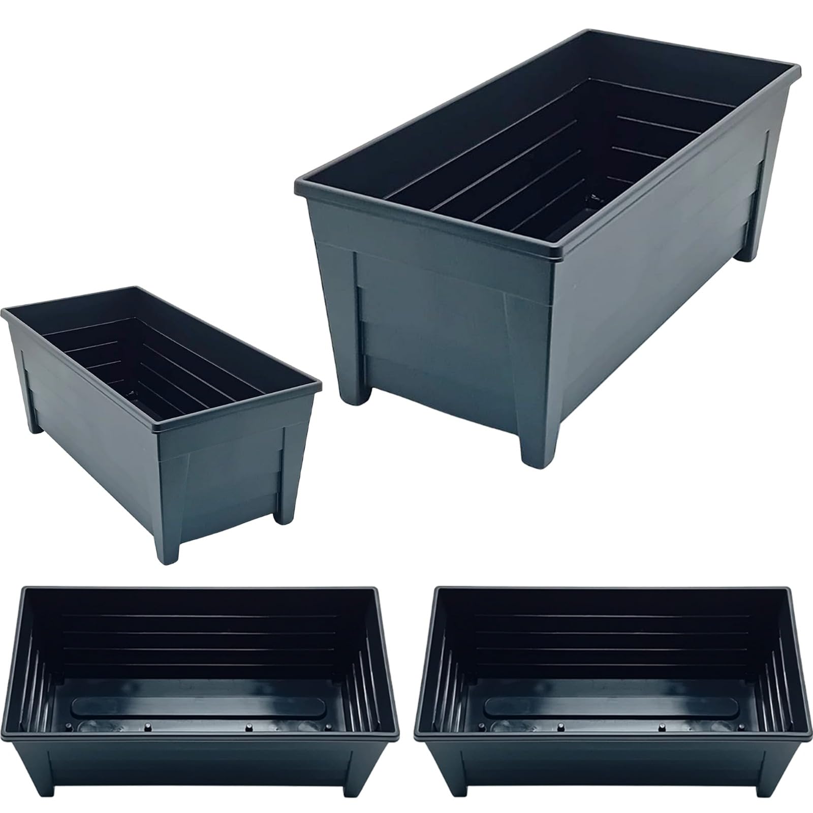 ALEEZ 55cm Long Trough Window Plant Pot - Plastic Planter Pot - Indoor Outdoor Home Garden Flower Pots - Garden Window Herb Flower Box - Optional Drainage Hole (4, sleek black)