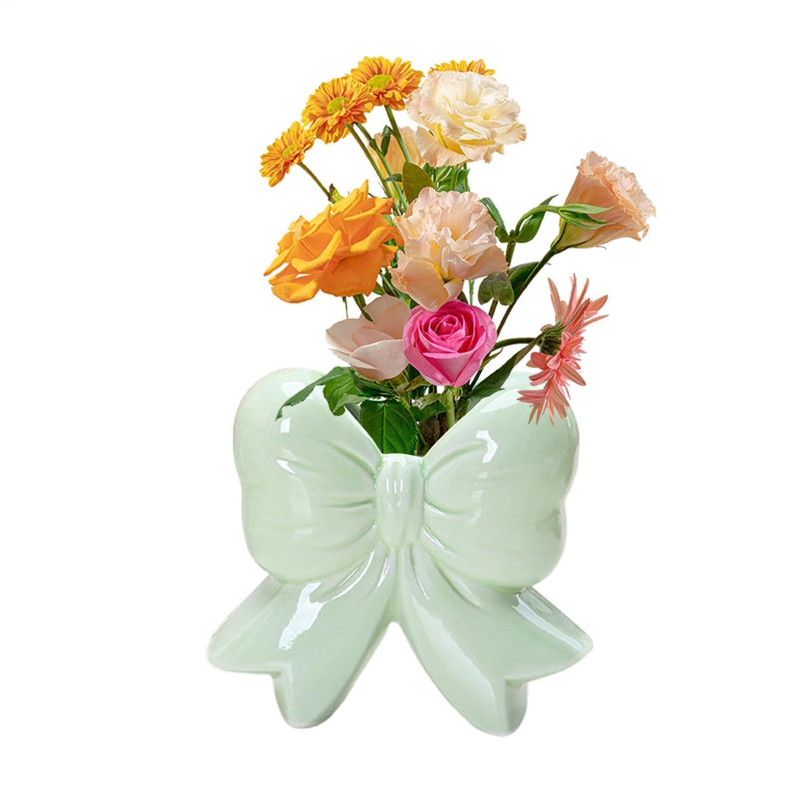 Bow Flower Vase | Ceramic Makeup Brush Holder Bow Shaped | Elegant Vase Centerpieces - for Home Table Bookshelf Mantel Fireplace Living Room Dining Room Bedroom Nightstand Office Housewarming