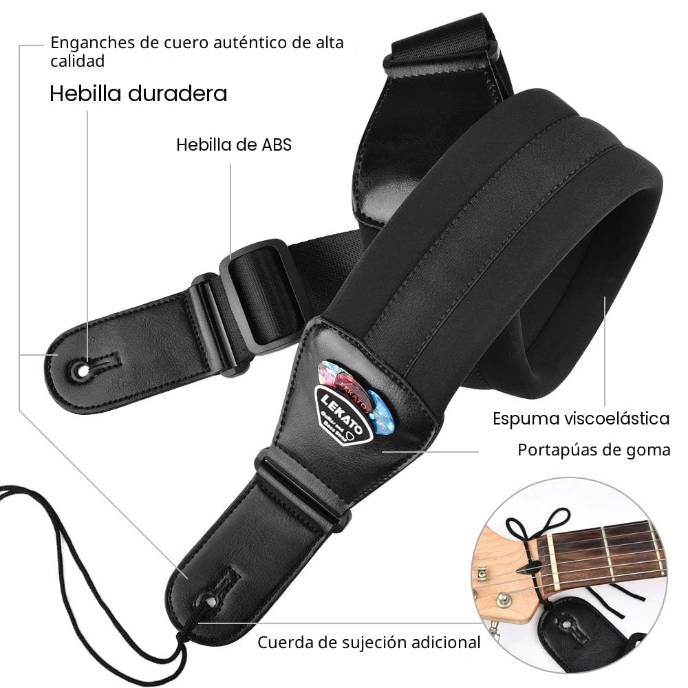 LEKATO Correa de guitarra acolchada con extremos de cuero genuino Correas de hombro cómodas de 3 pulgadas de ancho Longitud ajustable de 45 "a 55" para guitarras eléctricas bajas con 6 púas