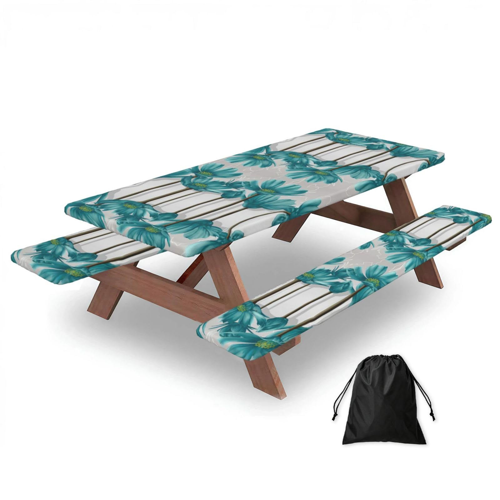 Teal Grey And White Floral Print 3 Pack Wipeable Picnic Bench Cover And Table Cover Lightweight Table Cloth For Camping Outdoor