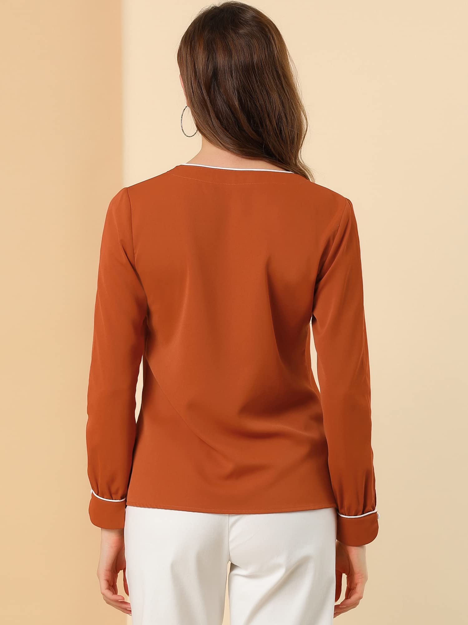 Allegra K Femme Blouse Col V Contrast Piped Manches Longues Boutonnée | Boutonnée devant Galon Contrasté Tissu Texturé Non Doublée Style Facile avec Jean ou Tenue de Soirée
