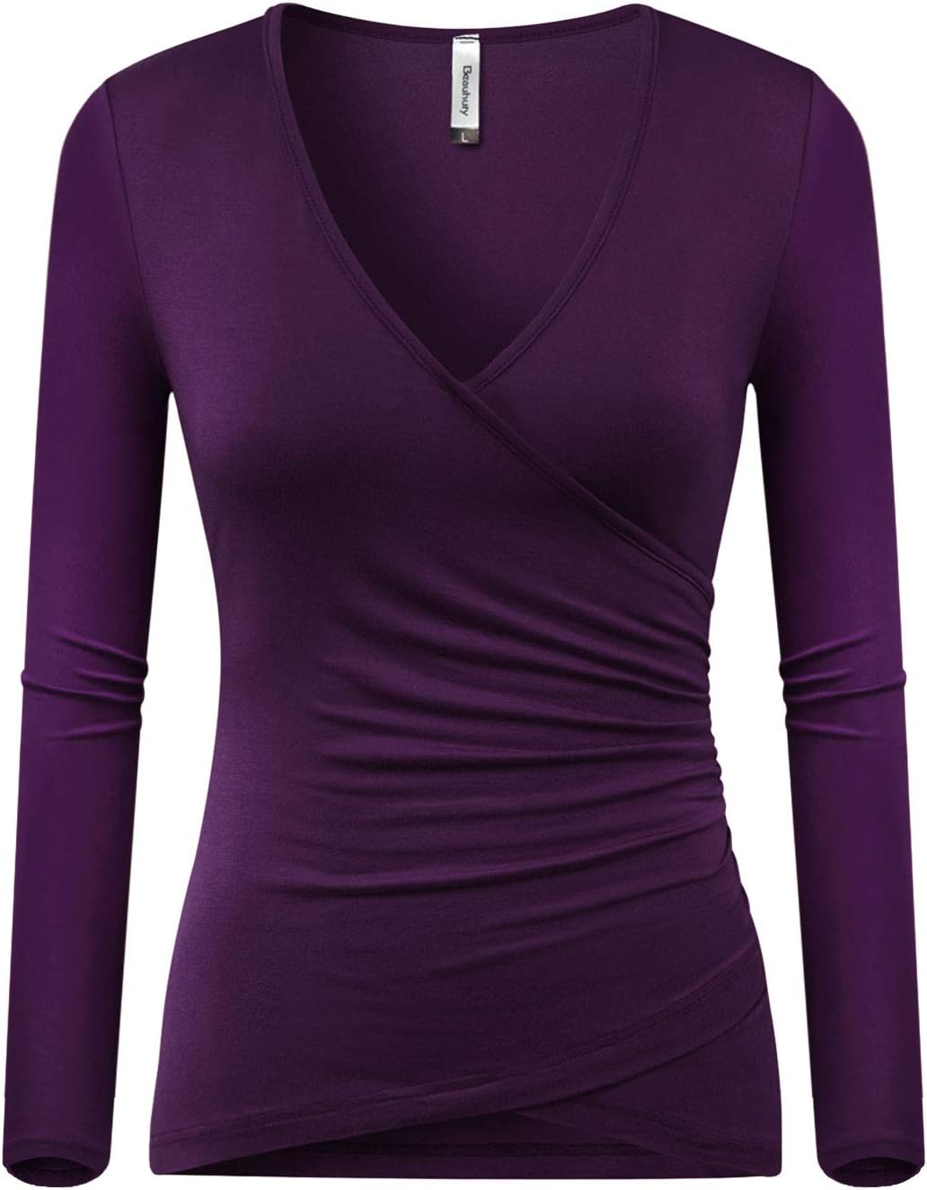 Beauhuty Women’s Deep V Neck Slim Fitted Long Sleeve T-Shirt Front Wrap Ruched Tee Tops