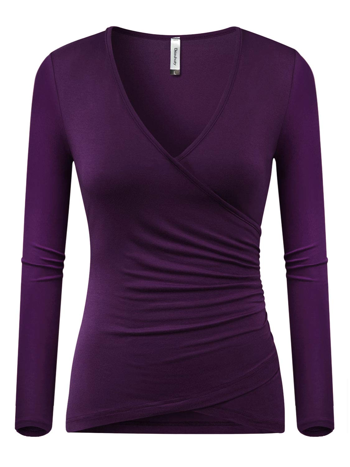 Beauhuty Women's Top Deep V Neck Slim Fitted T-Shirt Front Surplice Wrap Short/Long Sleeve Tees - Long-3purple - Small-Medium