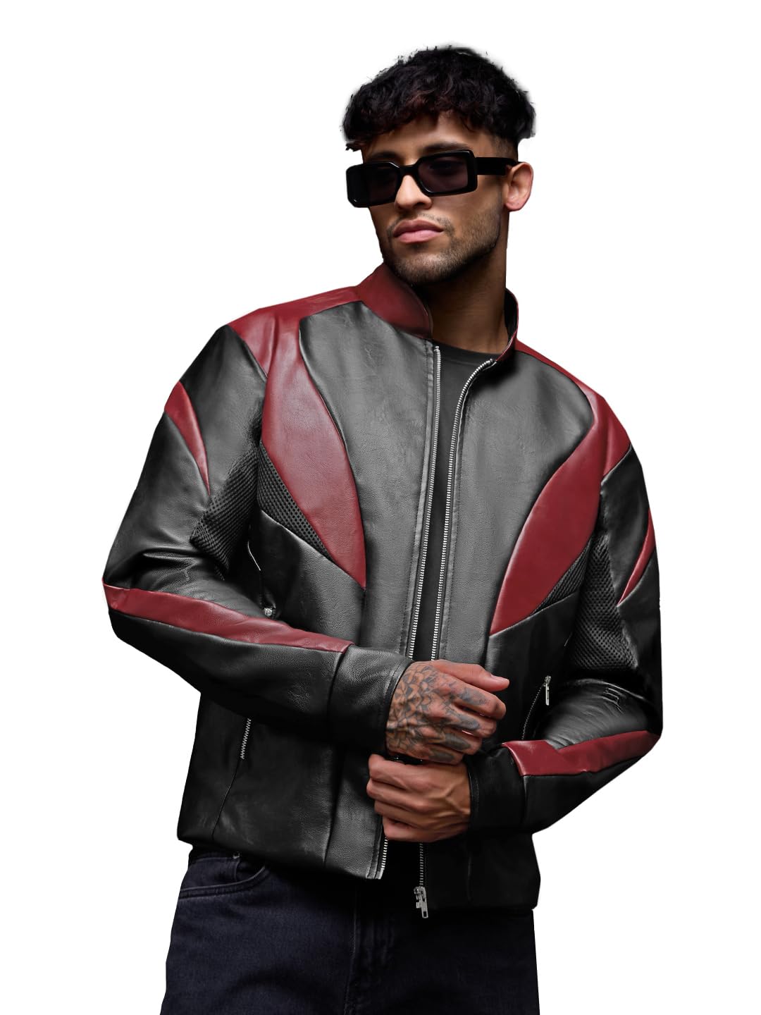 the souled store Biker Jacket: Red Ranger Men and Boys Full Sleeves Band Neck Black Colour-Block Polyester Regular Fit Zippered Closure Functional Pockets Biker Jacket-picture-47
