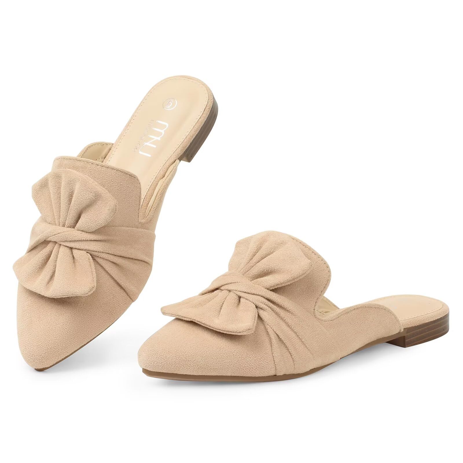MUSSHOE Suede Bowknot Mules for Women: Comfortable Lightweight Pointed Toe Slip On Flats - Non-Slip Dressy Backless Loafers for Office Business &