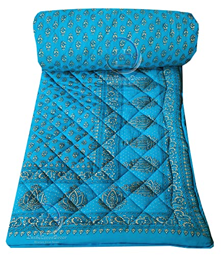 Image of Jaipuri Razai Single Bed Gold Print with Computerized Quilting Use as Soft and Breathable Cotton Comforter Quilt Rajai Blanket Dohar Size 55X85 inch Sky Blue Pack of 1