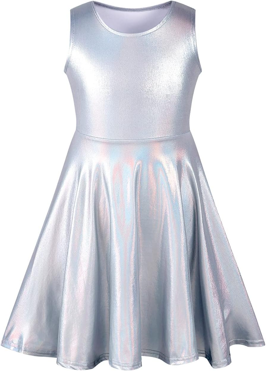 LUCKYGAL Girls Metallic Dresses Holographic Sparkly Shiny Party Dress Sleeveless Outfits