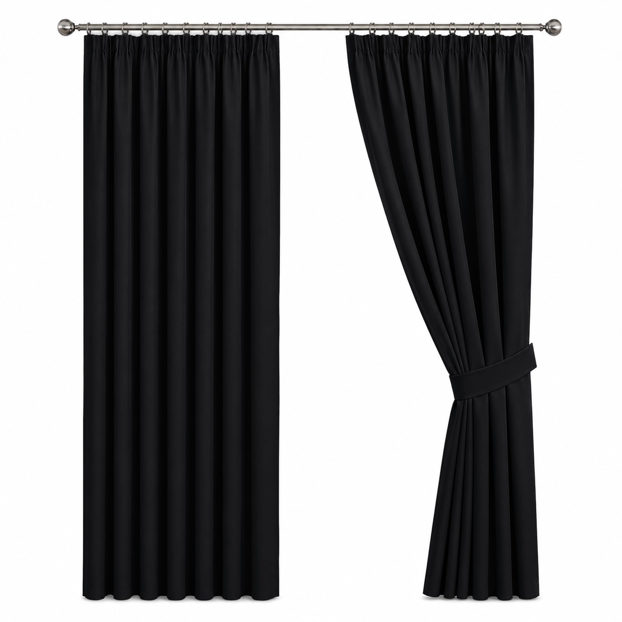 Oxford Homeware Blackout Pencil Pleat Curtains for Bedroom 66 X 84 Inch Black Curtains for Living Room Privacy Protection Thermal Insulated Curtains 2 Panels with Tieback