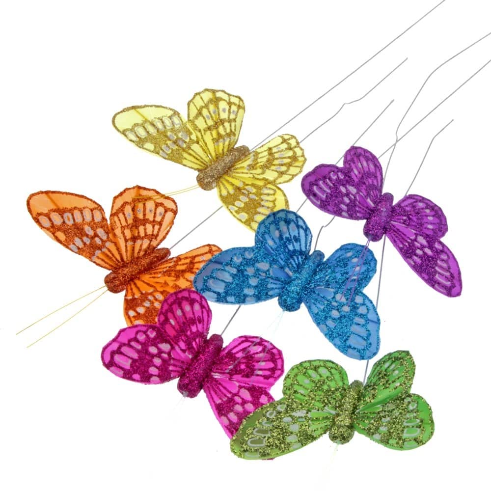 Corsage Creations Glitter Butterflies | 7cm Butterflies with 20cm Wire | Blue, Lilac, Orange, Green, Hot Pink and Yellow | Ideal for Bridal Bouquets, Wrist Corsages & Floral Arrangements | Pack of 12
