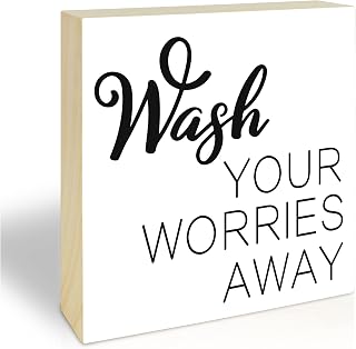 5"x5" Funny Wood Block Signs - wash your worries away - Home Tabletop Desk Decor for Bathroom Shelf Toilet Restroom, Minimalist Bathroom Wooden Box Sign, gifts for family & friends - A01