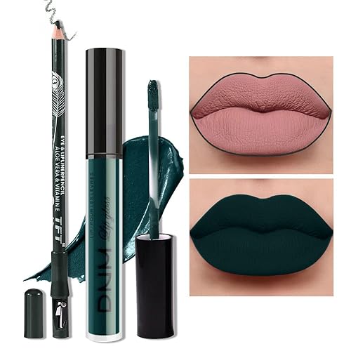 evpct Juego de 2 lápices labiales y delineador de labios color verde oscuro mate, juego de maquillaje DNM mate mate líquido de larga duración 24