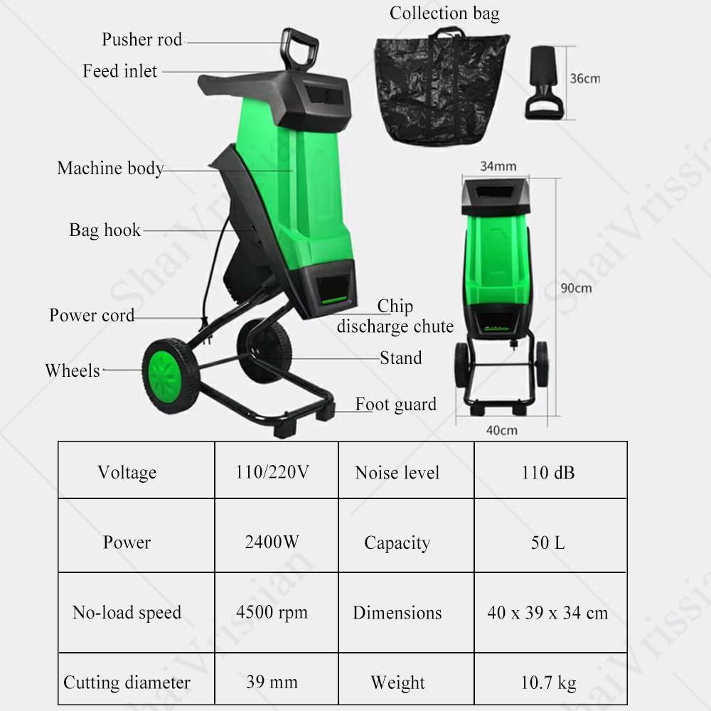 Trituradora De Jardín Eléctrica Portátil, Bolsa 50l +30mcable | 2400w,4500rpm,Doble Cuchilla,Entrada De Alimentación Multicalibre,Protección Sobrecarga,Fácil Mover,Para Ramas Y Hojas