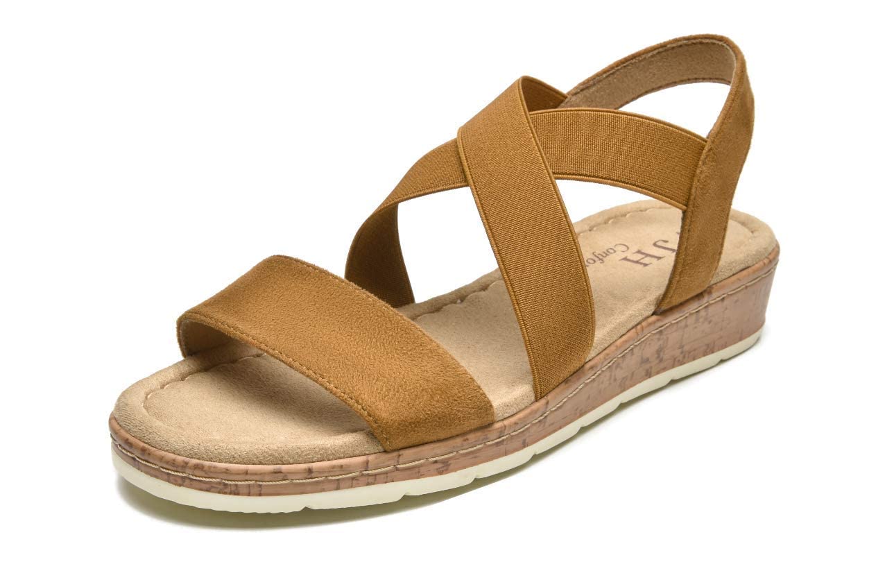 VJH confortWomen's Flat sandals, Comfort Slip-on Elastic ankle strap Slingback Light Weight Casual Walking Sandals