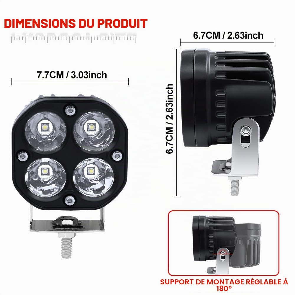 Biqing Phare de Travail LED 12V,40W Moto Feux Additionnels LED Spot Flood Feux Antibrouillard 24V 4800Lm LEDs Phares Avant Off Road Phares Supplémentaires pour Voiture Camion Tracteur SUV Bateau 2Pcs