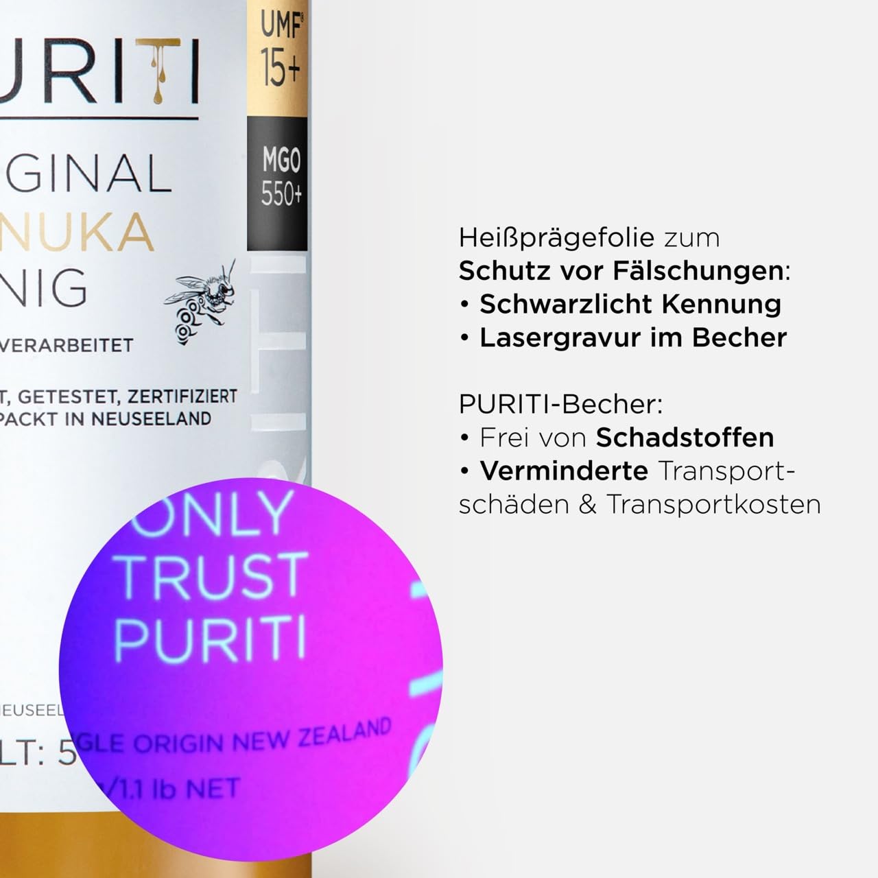 PURITI Manuka Honig MGO 550+ 500g aus Neuseeland mit zertifiziertem Methylglyoxal Gehalt - Laborgeprüft, Direktimport, reines Naturprodukt, frei von Zusatzstoffen