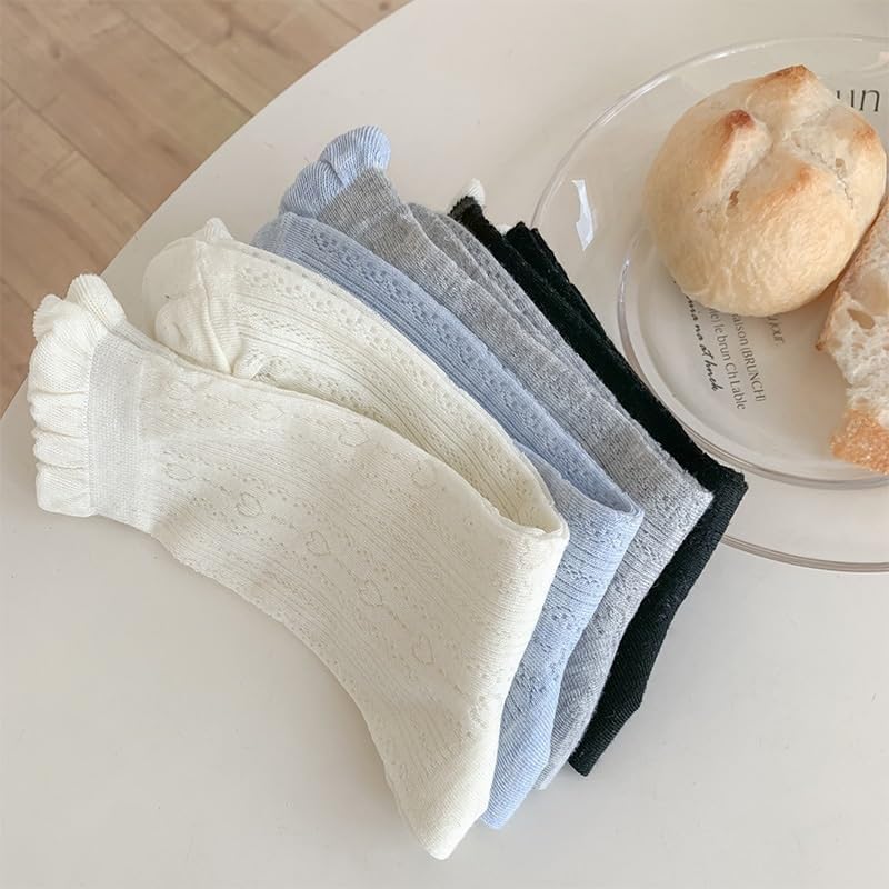 4 Pairs of Ruffle Socks Women, Casual Frilly Cute Knit Lettuce Thin Ankle Socks for Ladies Girls
