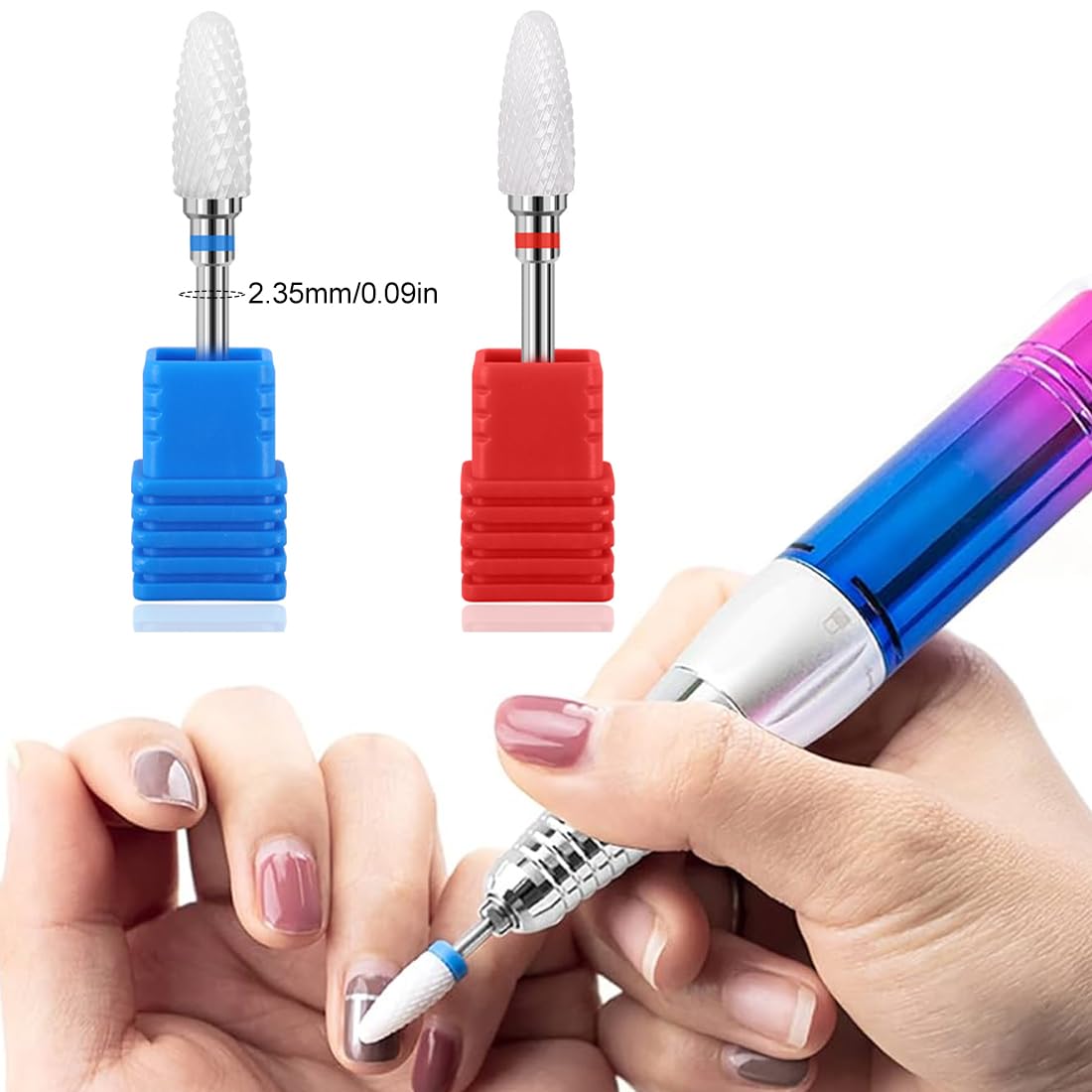 Set di 2 punte per trapano per unghie in ceramica, set di punte per trapano per tagliaunghie elettrico, attacco per punte per trapano per unghie in ceramica (blu rosso)