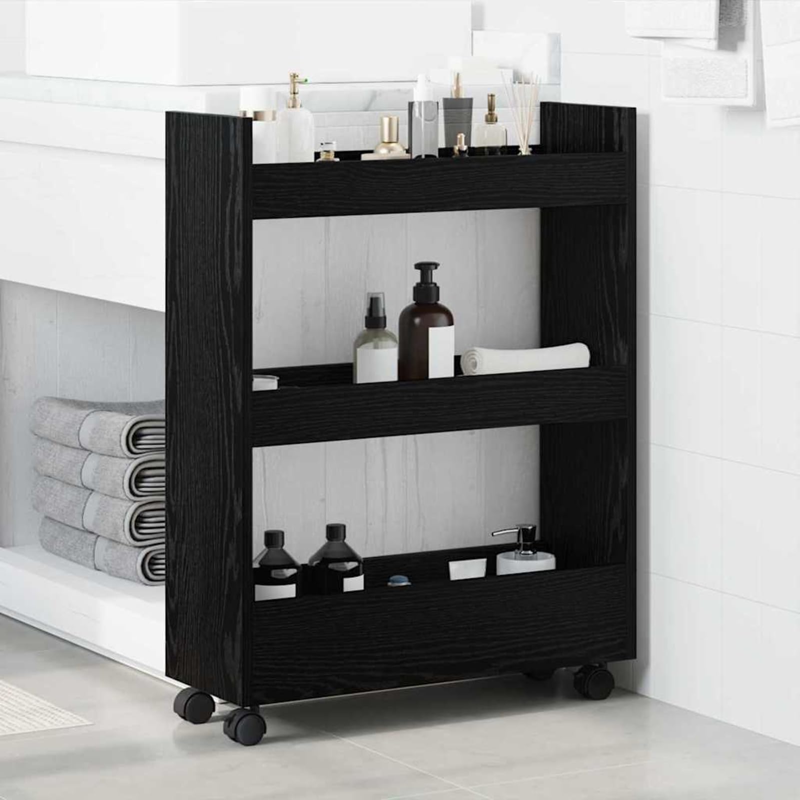 Geecher Carrello di Stoccaggio Stretto, Mobile da Cucina con Ruote e Freni, 60 x 22 x 80 cm, in Legno Multistrato Rovere Nero, per Cucine Piccole e Stanze di Servizio
