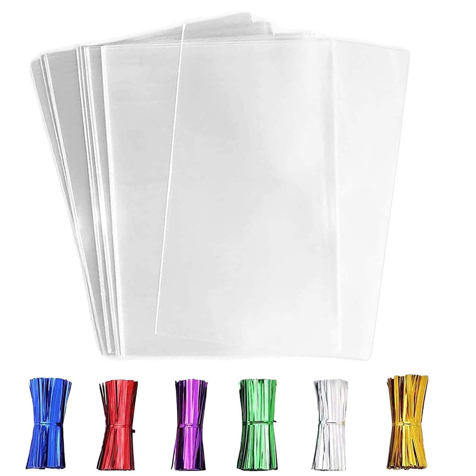 LEOSINDA Clear Cellophane Treat Bags 100pcs 7 X 12 In Clear Cellophane Bags with 6 Mix Colors Twist Ties for Gift Wrapping,Packaging Candies,Cookie，