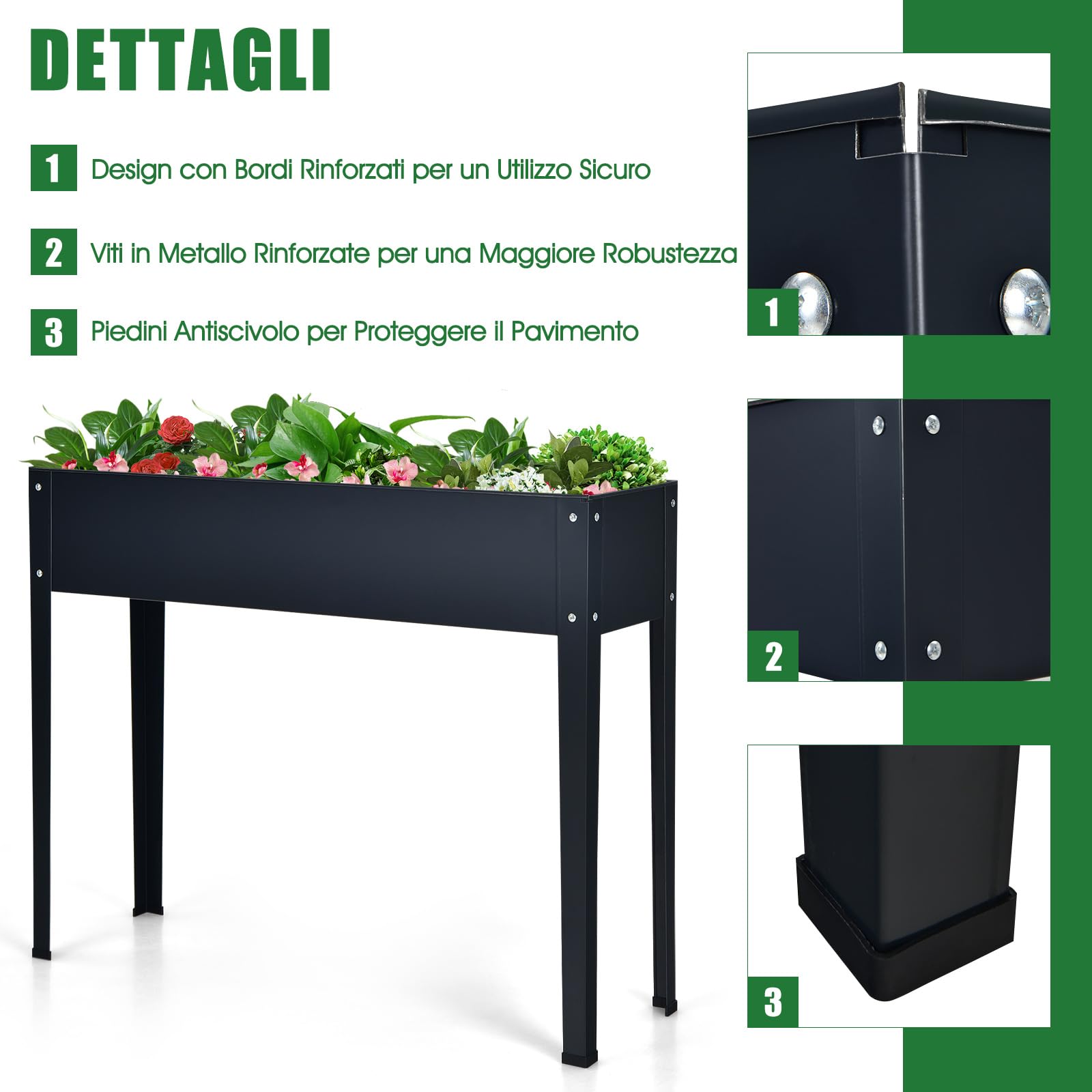 RELAX4LIFE Fioriera da Esterno, Orto Rialzato da Esterno in Metallo con Fori di Drenaggio, Fioriera per Balcone, Giardino, Cortile, per Verdure, Fiori, Erbe, Frutta (100 x 30 x 80 cm, Nero)