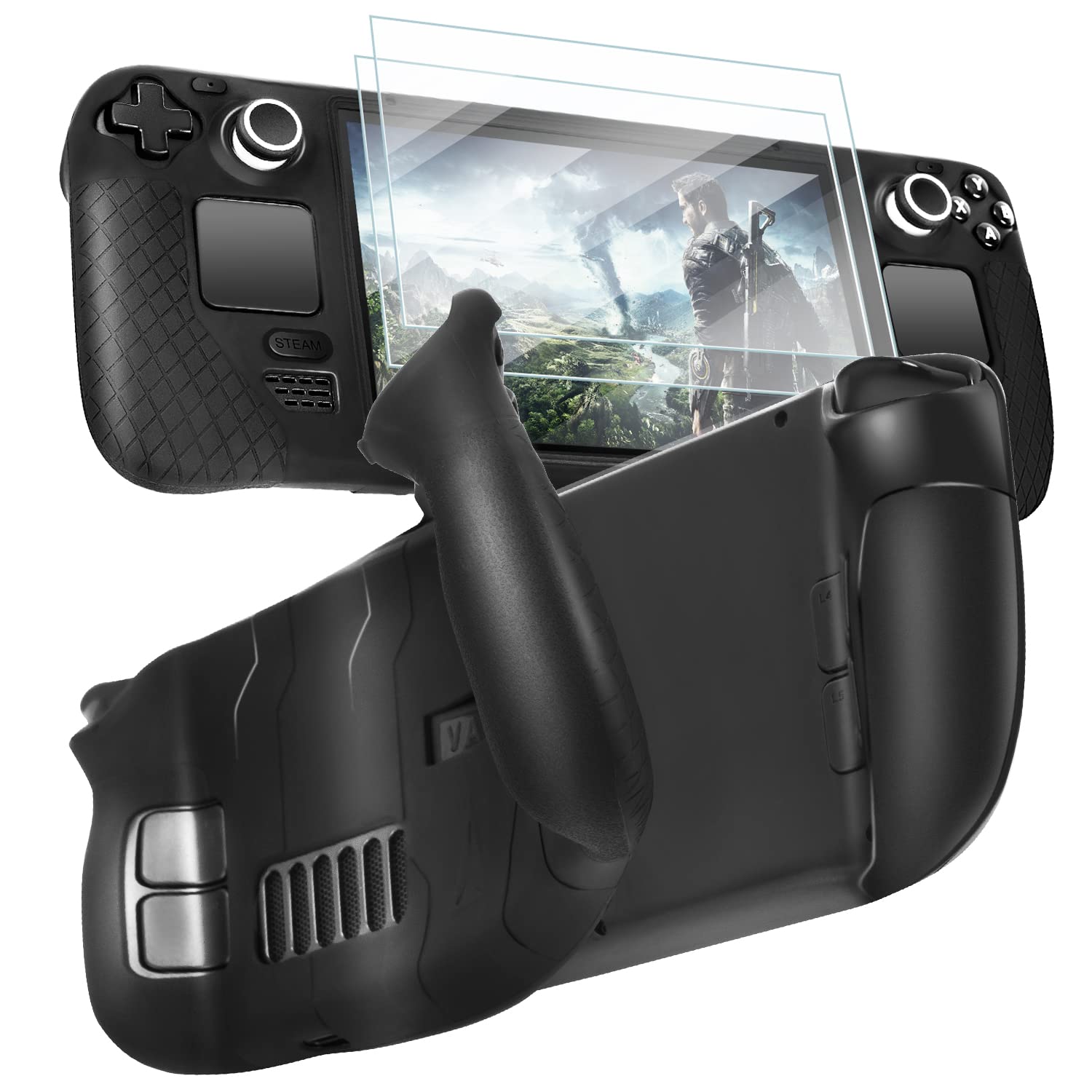 Stanchev Protective Cover Case for Steam Deck,Soft Silicone Slim Full Cover Protector Shockproof Anti-Scratch Sweatproof Case and 2PC HD Glass Screen Protector for Steam Deck Accessories