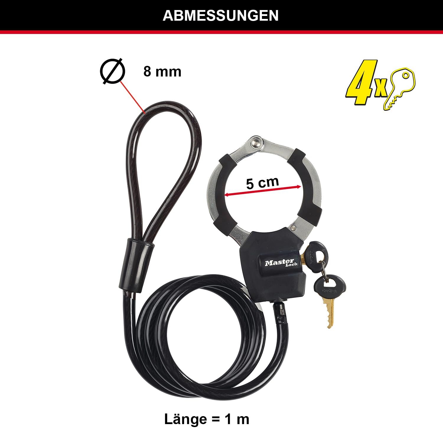 Master Lock Kabelschloss mit Schlüssel, 1 m, Ideal für Scooter Roller, Fahrrad, Kinderwagen, Sportausrüstung