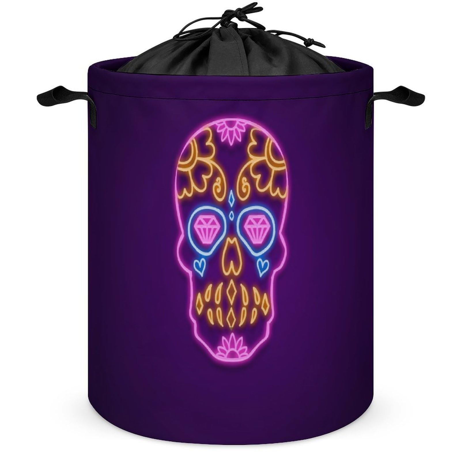 Qjjinxior Drawstring Laundry Hamper, Purple Neon Skull Laundry Basket, Washing Basket with Handle