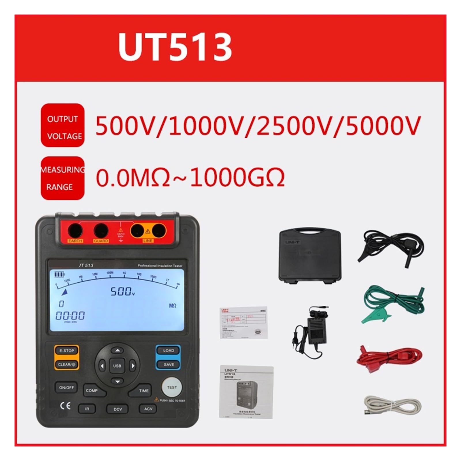 Testeur De Résistance D'isolement UT513 Compteur Électrique Voltmètre CA CC Plage Automatique Maintien Des Données Numériques