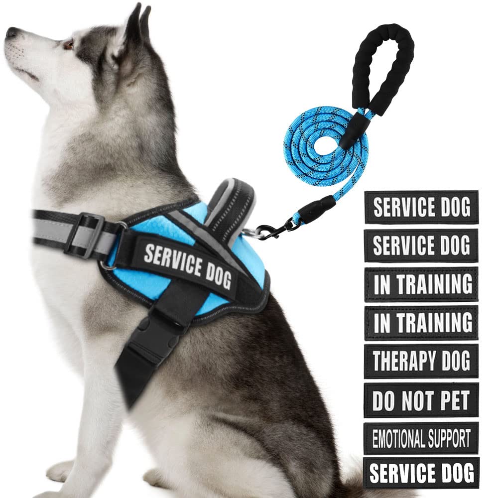 Animire - Service Dog Harness and Leash Set with 10 Reflective Patches with Soft Padded Handle for Small Medium Large Extra Large Dogs (Light Blue, XL) — image 1