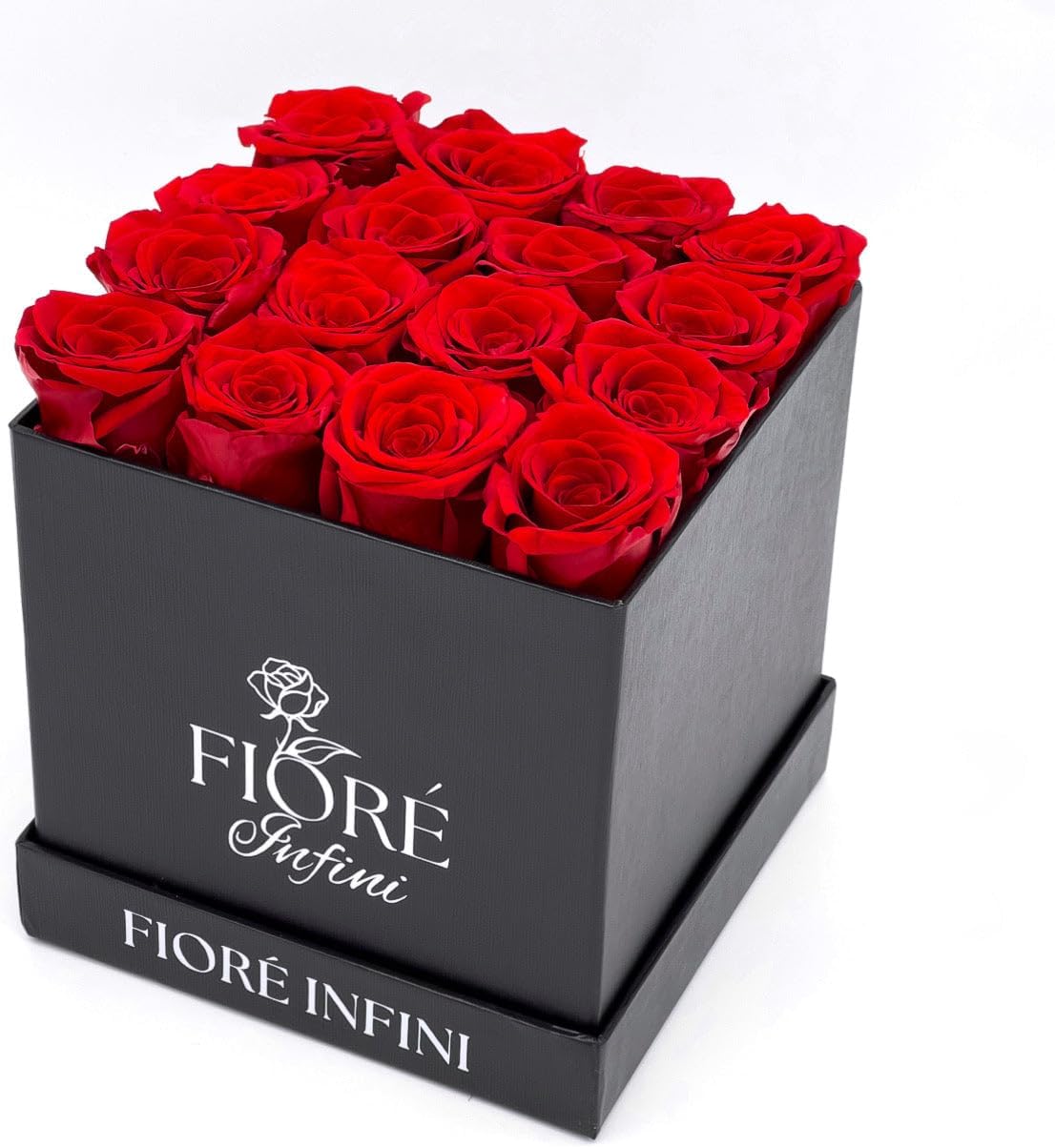 Fiore Infini Red Forever Roses - 16 Elegant Roses in Black Square Box, 1-3 Year Lifespan, No Maintenance, Perfect for Valentine's Day, Mother's Day, Anniversary, For Loved One