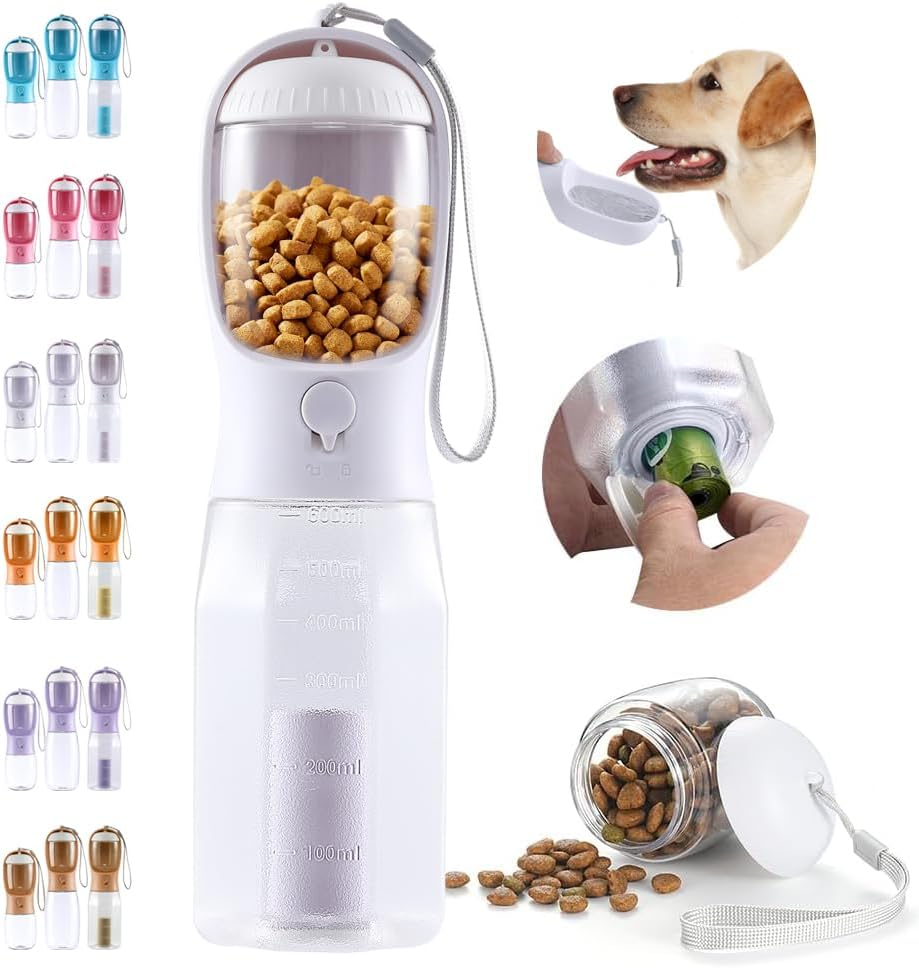 Botella de agua para perros 3 en 1, botella de agua portátil a prueba de fugas para mascotas con contenedor de alimentos y dispensador de bolsas de