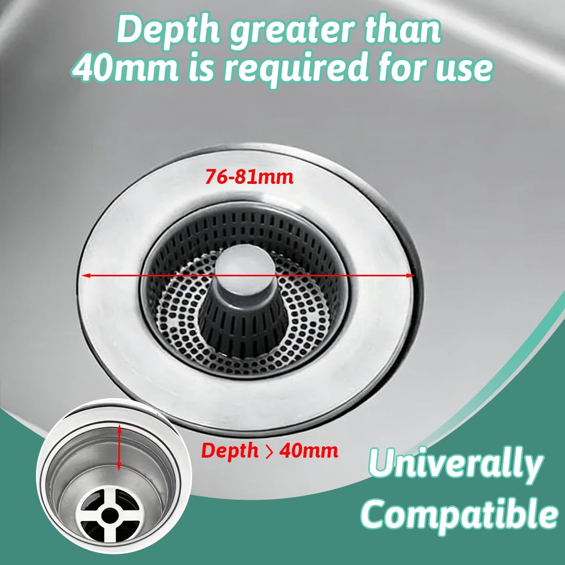 Set di Tappo per Lavello Cucina, Tappi di Scarico con Cestino Anti-Intasamento Filtro Lavello for Standard Drains, Universale 3-in-1 Guscio in acciaio inossidabile, Facile installazione