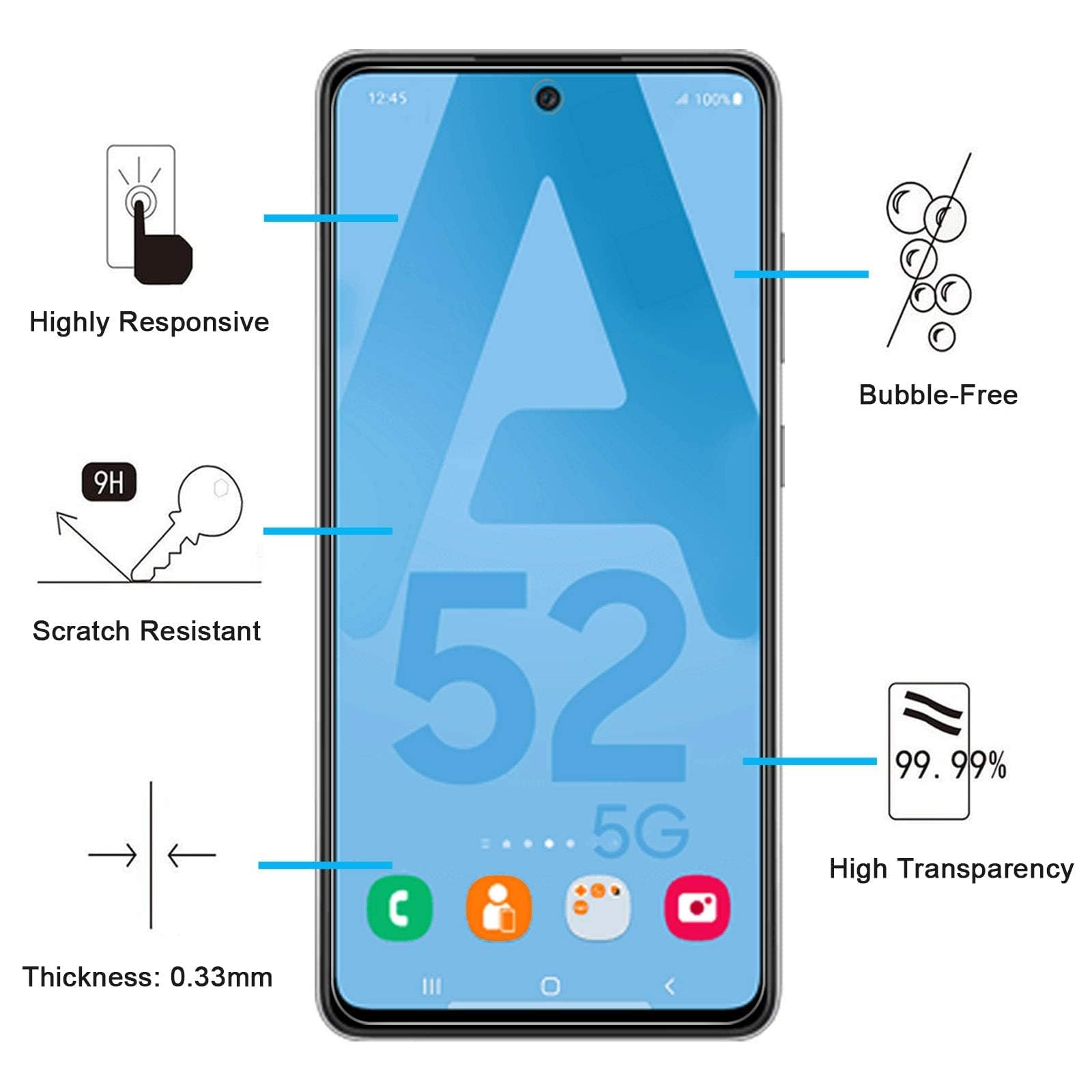 NEW'C 3 sztuki Szkło dla Samsung Galaxy A52, A52 5G, A52S 5G Hartowane i Folia Ochronna Ochraniacz Ekranu - Bez pęcherzyków powietrza, odporność na zarysowania